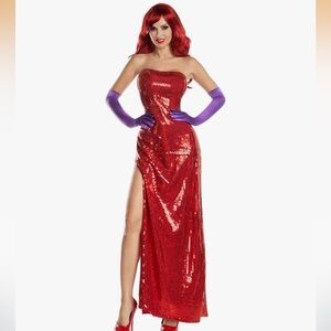Red Sequin Jessica Rabbit Cosplay Party Dress with Purple Gloves